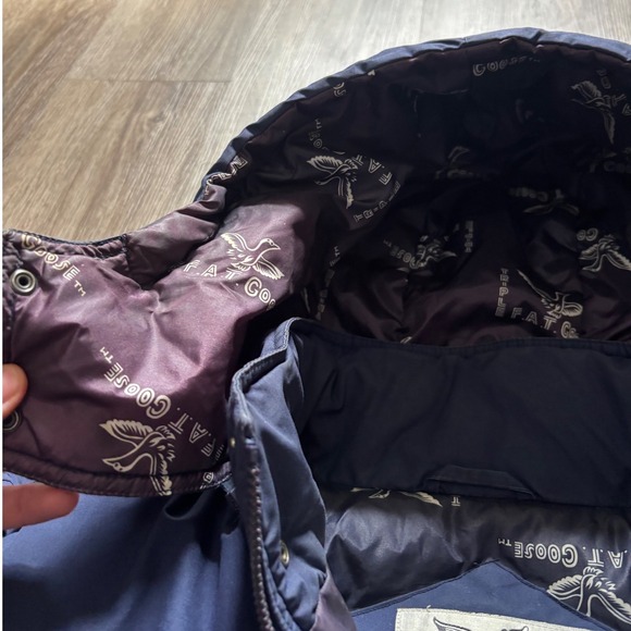 Triple FAT Goose Mens Navy Blue Down Filled Puffer Jacket Hooded Size Large - Picture 5 of 9